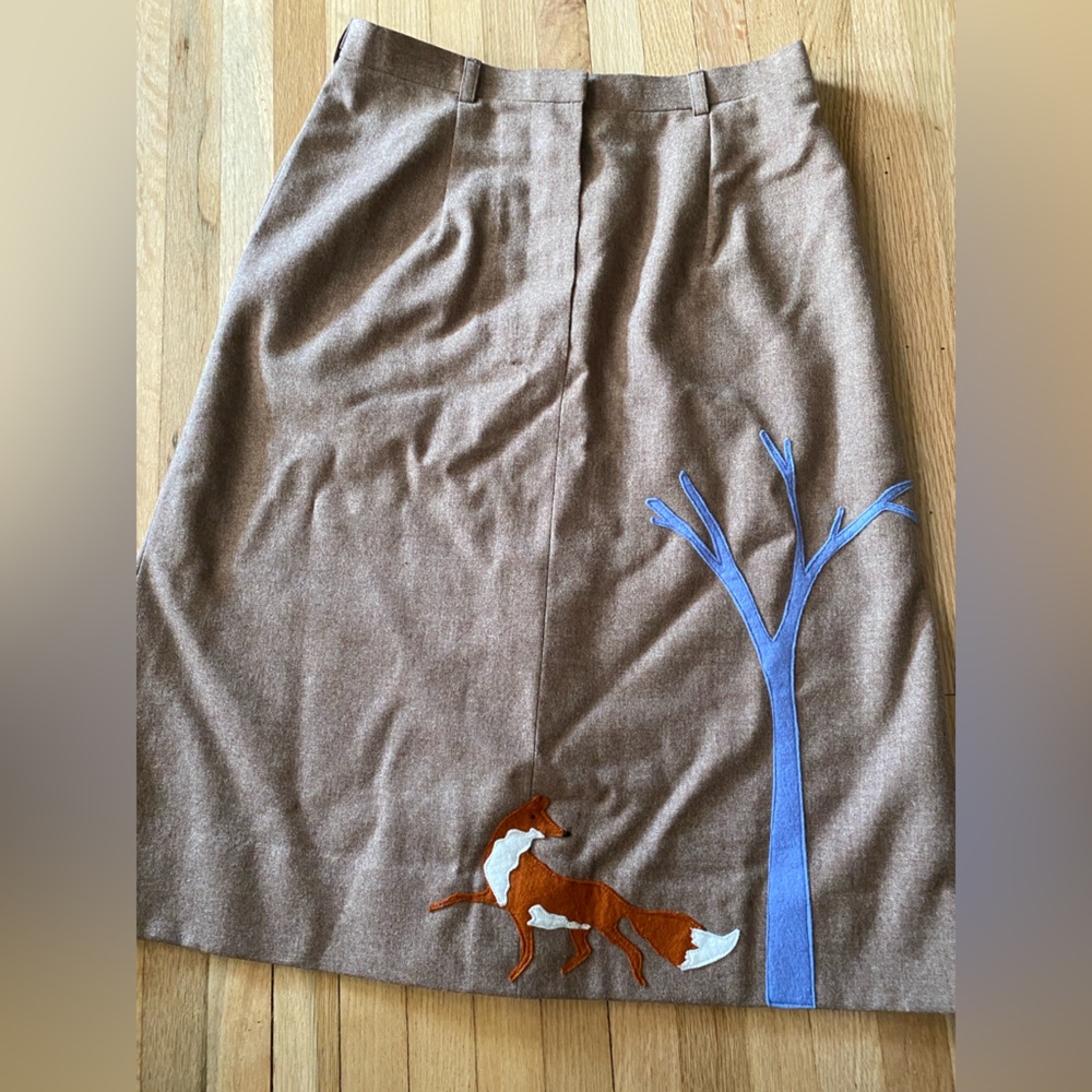 Boutique Women’s 6 Applique Fall Fox Tree Wool A-Line Skirt Kick-pleat